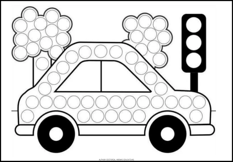 Transportation dot activity sheet 5 of 9: a car beside trees and a traffic light, with circles to fill