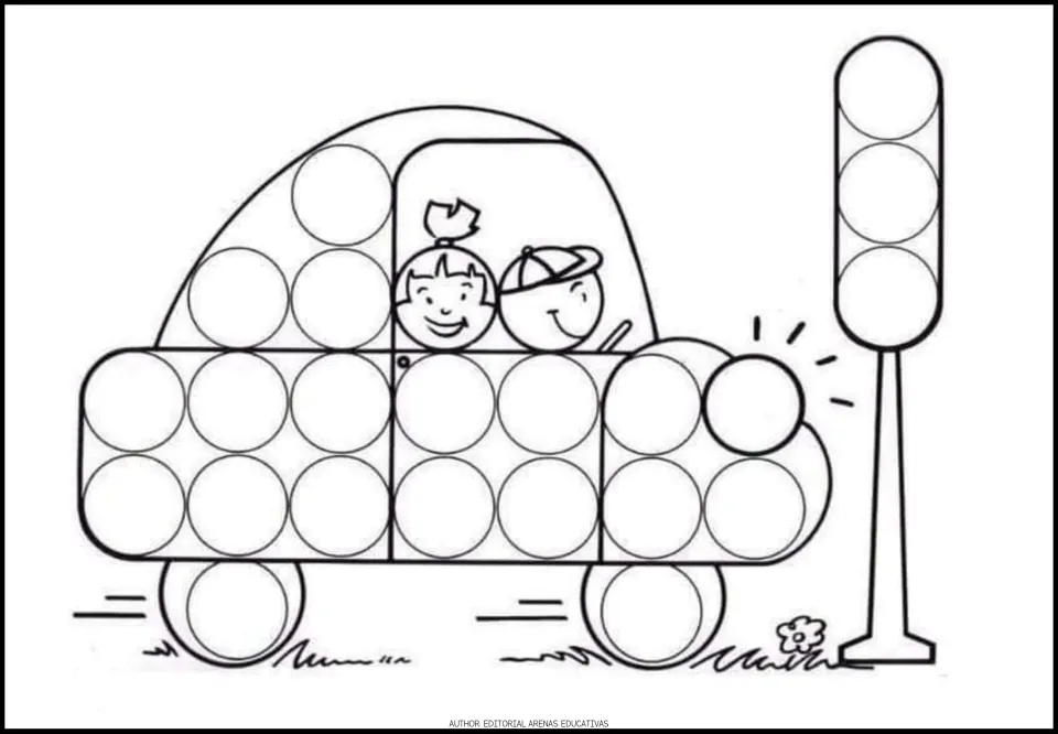 Transportation dot activity sheet 7 of 9: a car carrying two children beside a traffic light, with circles