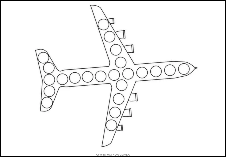 Transportation dot activity sheet 9 of 9: an airplane viewed from above with circles along its body and wings