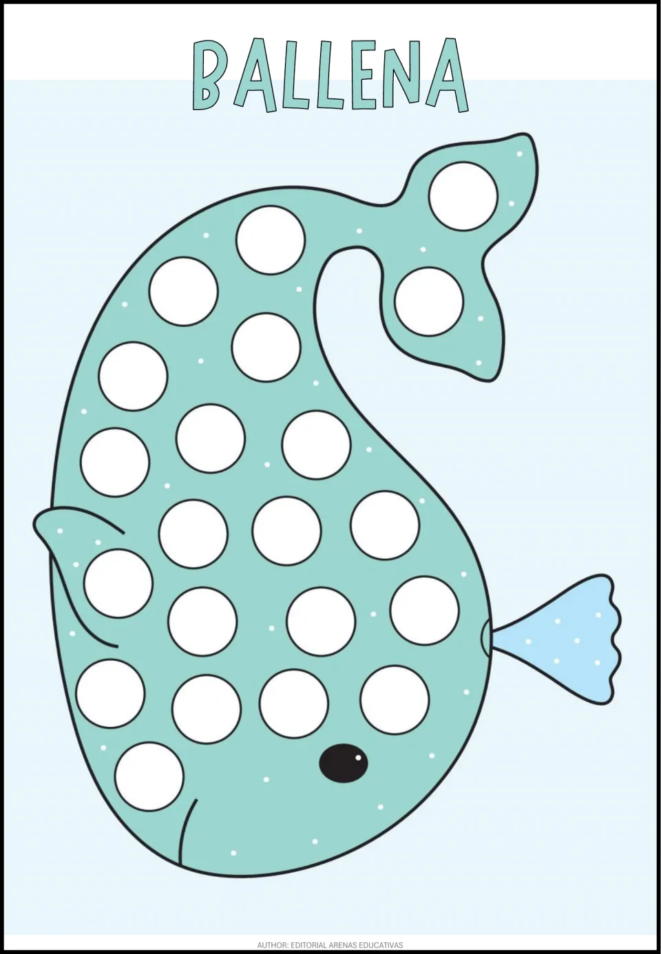 Spanish dot activity sheet labeled BALLENA (whale), featuring a whale with large blank circles to fill