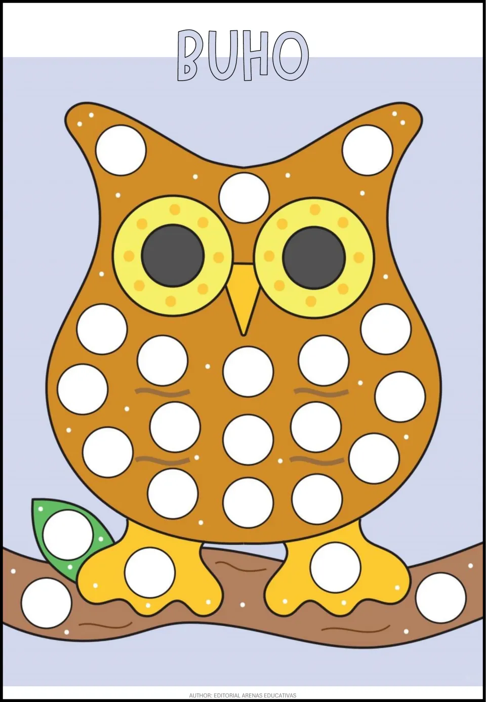 Spanish dot activity sheet labeled BUHO (owl), featuring an owl on a branch with blank circles to fill