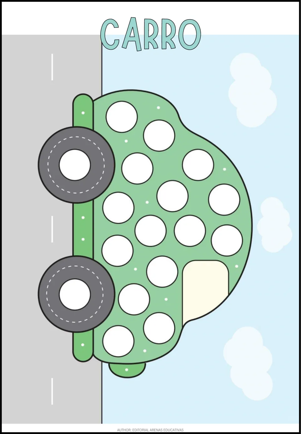 Spanish dot activity sheet labeled CARRO (car), featuring a green car with large blank circles to fill
