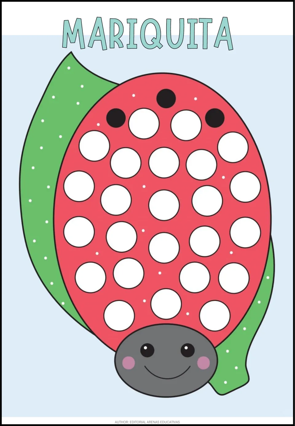 Spanish dot activity sheet labeled MARIQUITA (ladybug), featuring a ladybug with blank circles to fill