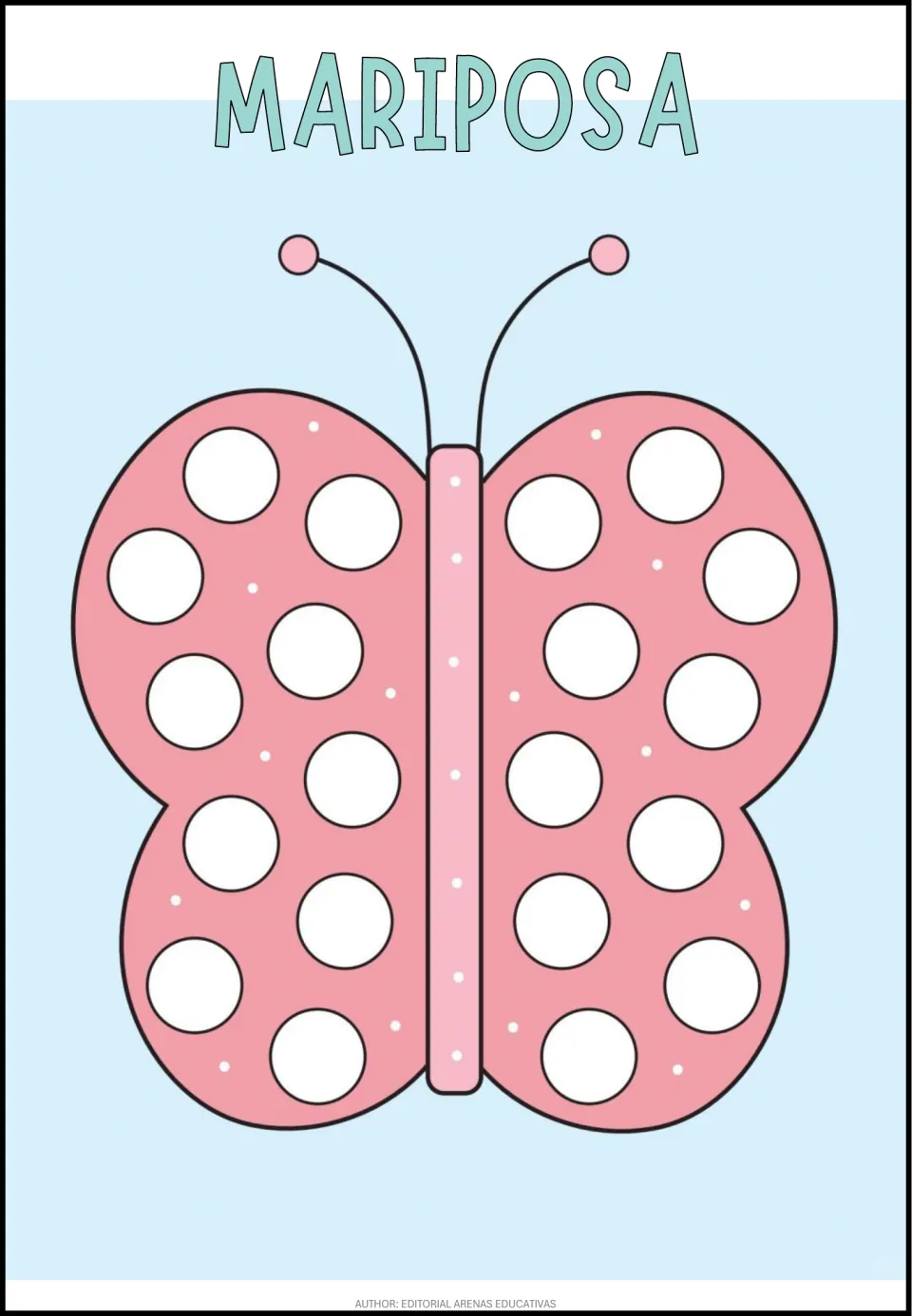 Spanish dot activity sheet labeled MARIPOSA (butterfly), featuring blank circles on a butterfly's wings