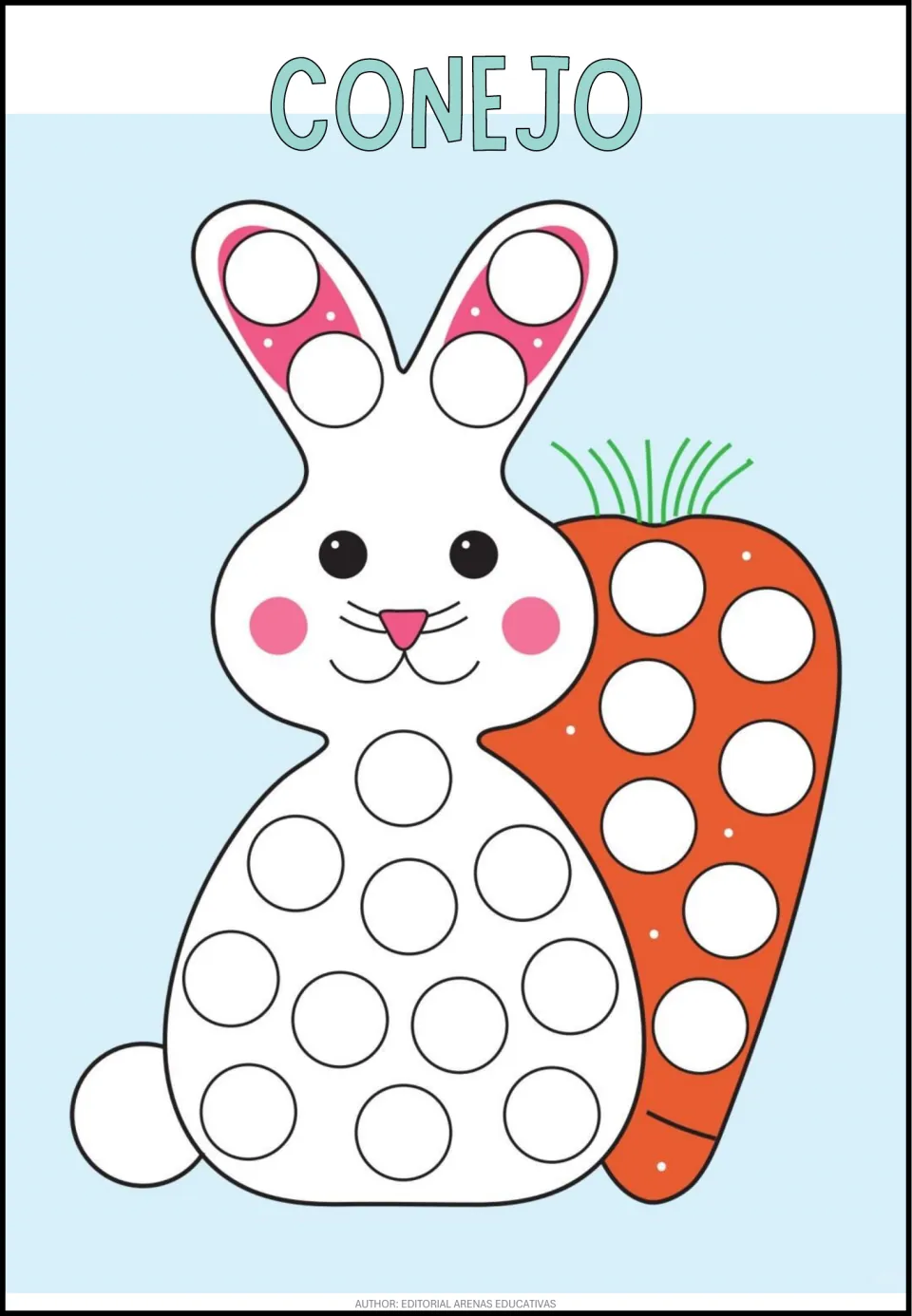Spanish dot activity sheet labeled CONEJO (rabbit), featuring a rabbit and carrot with blank circles to fill