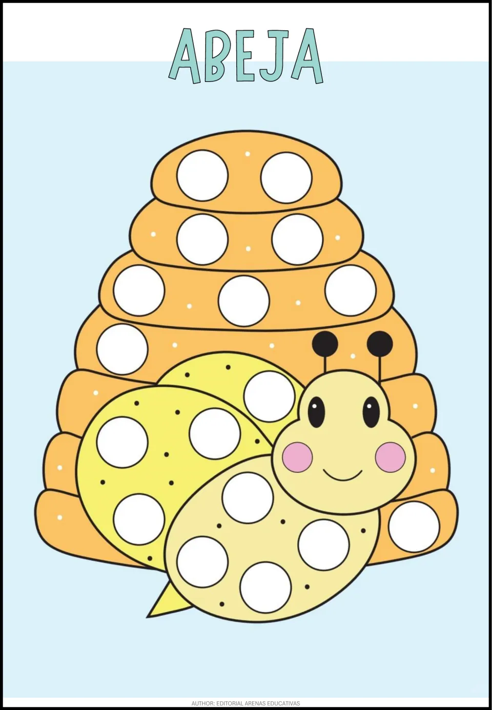 Spanish dot activity sheet labeled ABEJA (bee), featuring a bee and beehive with blank circles to fill