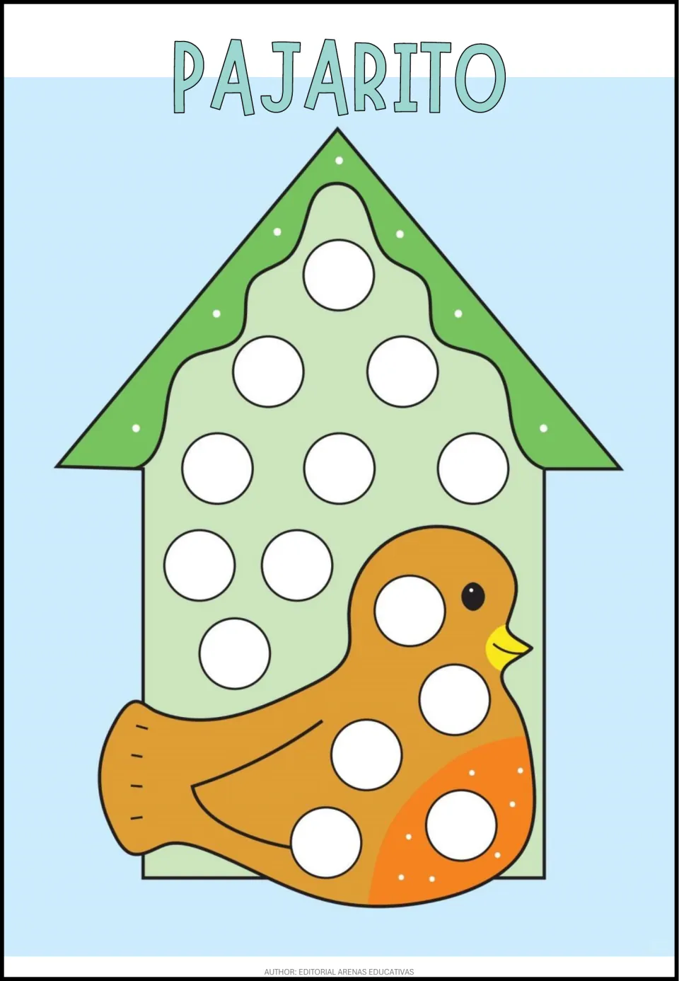 Spanish dot activity sheet labeled PAJARITO (little bird), showing a bird and birdhouse with blank circles