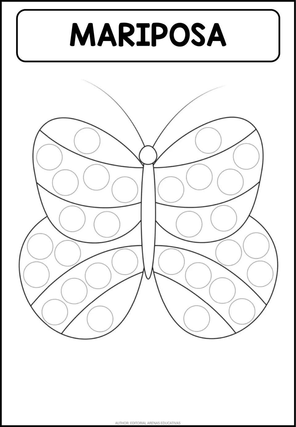 Black-and-white butterfly dot activity labeled 'MARIPOSA' (butterfly), with circles across its wings