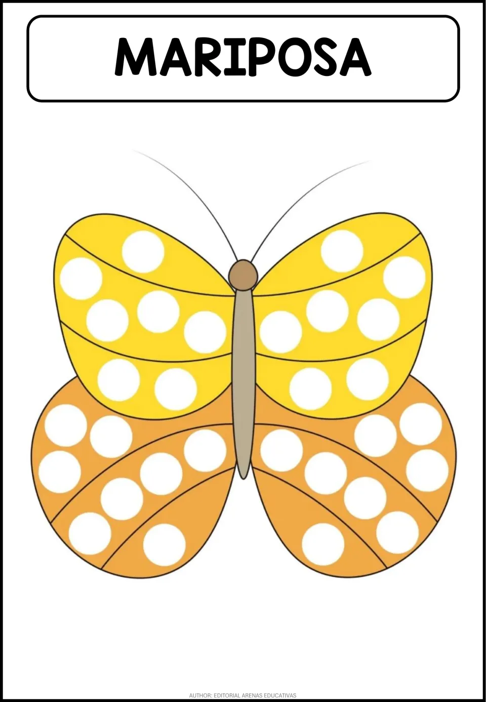 Color butterfly dot activity labeled 'MARIPOSA' (butterfly), with white circles on yellow and orange wings
