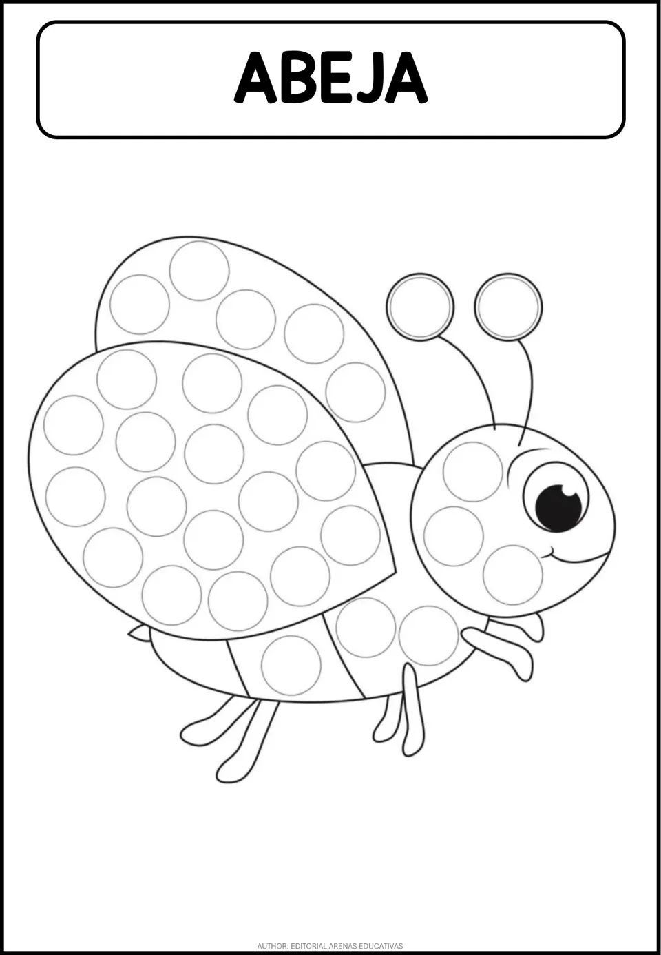 Black-and-white bee dot activity labeled 'ABEJA' (bee), with circles on its wings, head, and body
