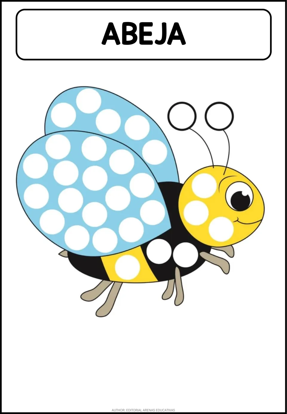 Color bee dot activity labeled 'ABEJA' (bee), with white circles, blue wings, and a yellow-and-black body
