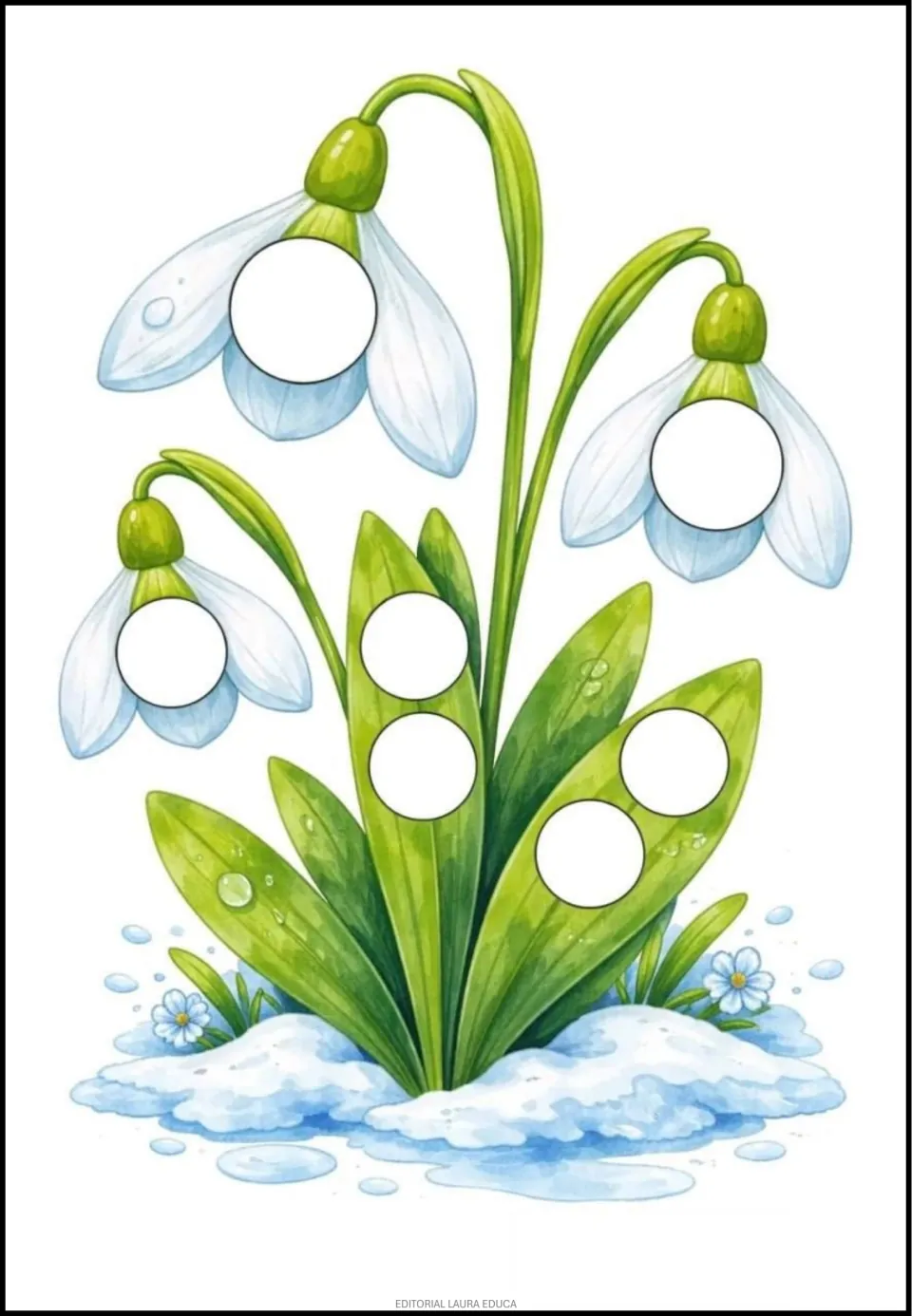 Flower dot-art activity featuring three snowdrop blooms, with blank circles on the flowers and green leaves