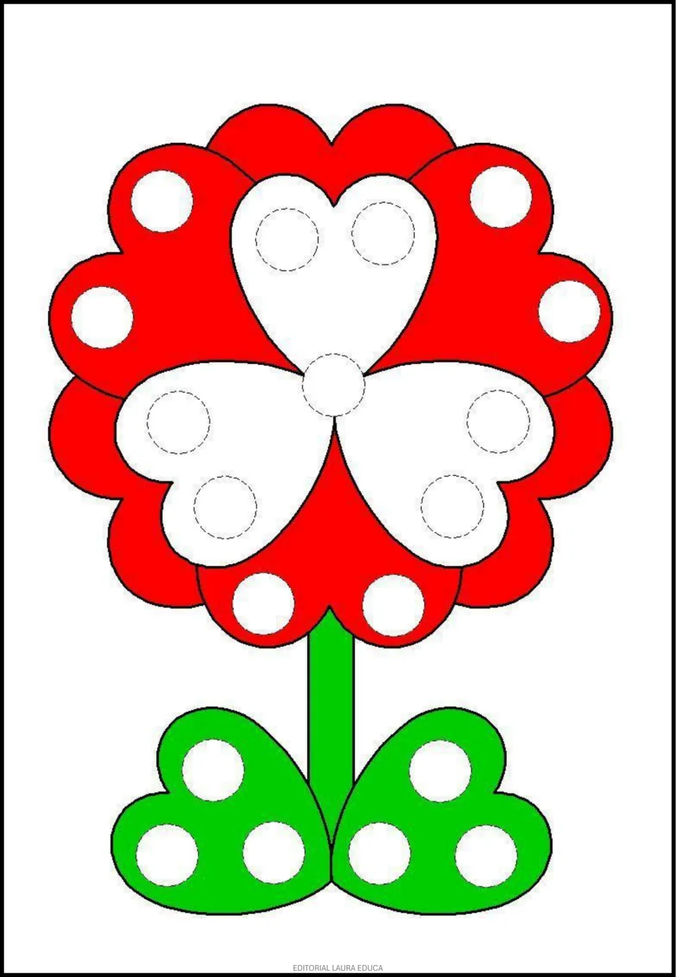 Flower dot-art activity featuring a red bloom with white heart-shaped petals and circles on two green leaves