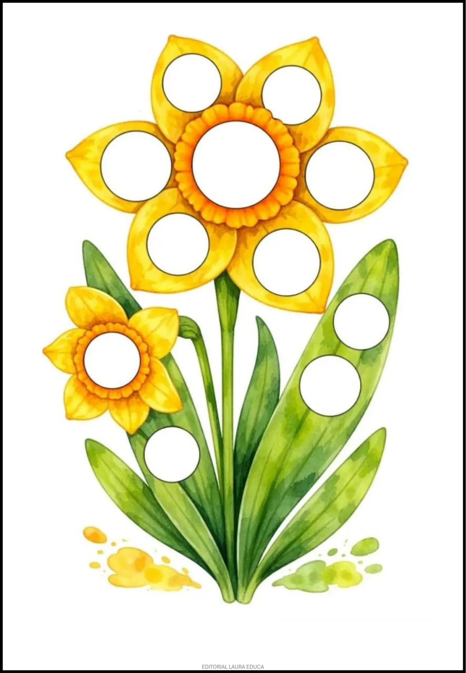 Flower dot-art activity featuring two yellow daffodils, with blank circles on petals, centers, and leaves