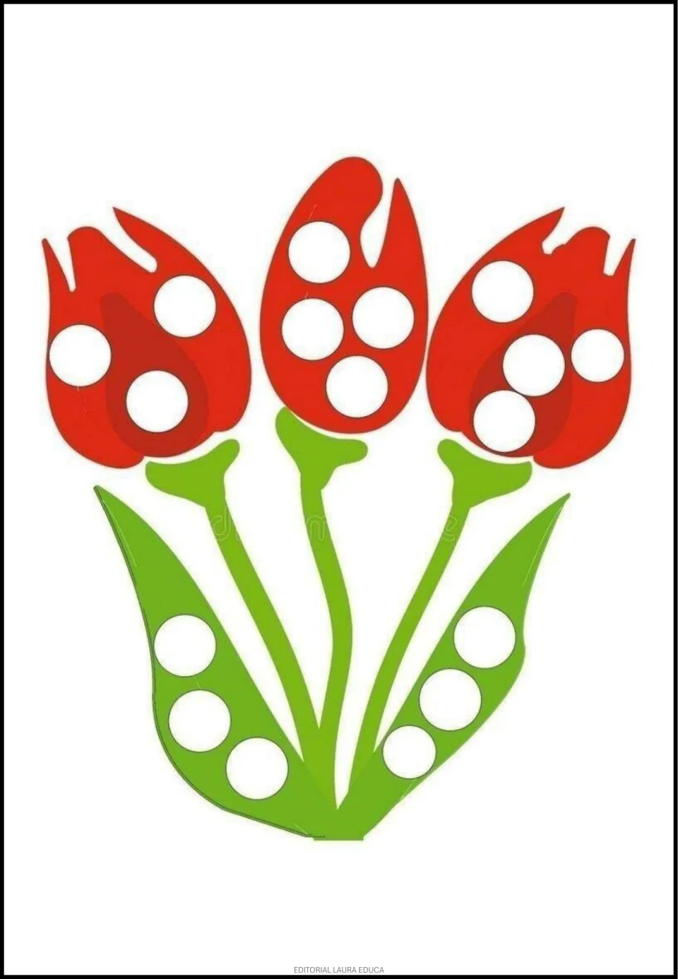Flower dot-art activity featuring three red tulips, with blank circles across their blooms and green leaves