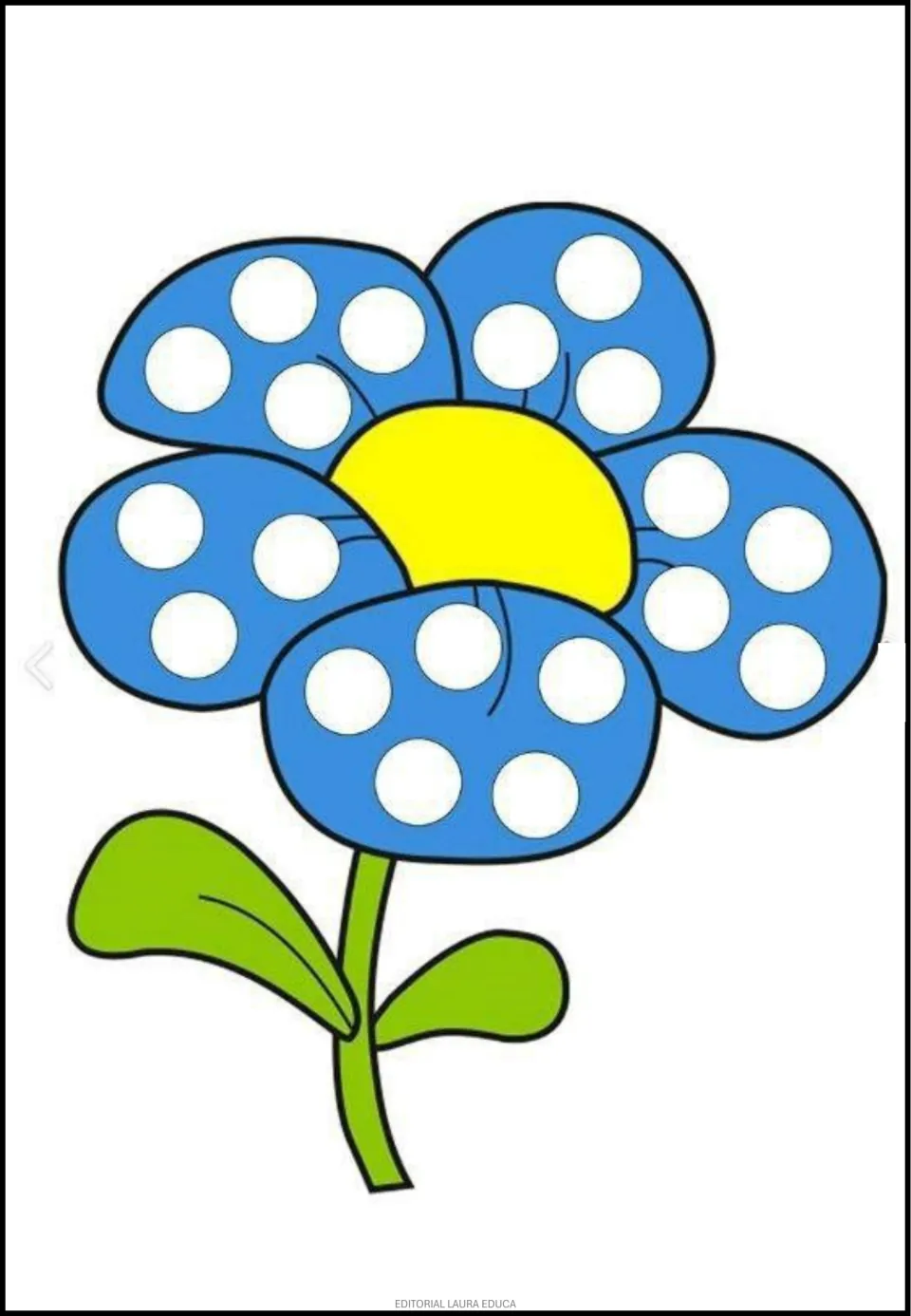 Flower dot-art activity featuring a blue flower with blank circles on five petals around a yellow center