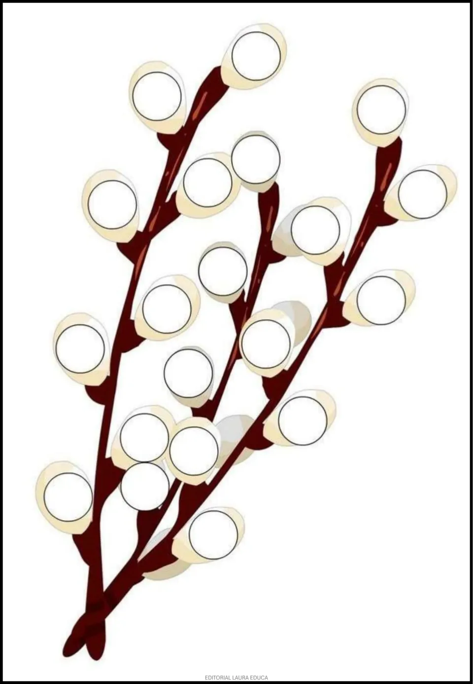 Plant dot-art activity featuring pussy willow branches, with blank circles inside the pale oval catkins