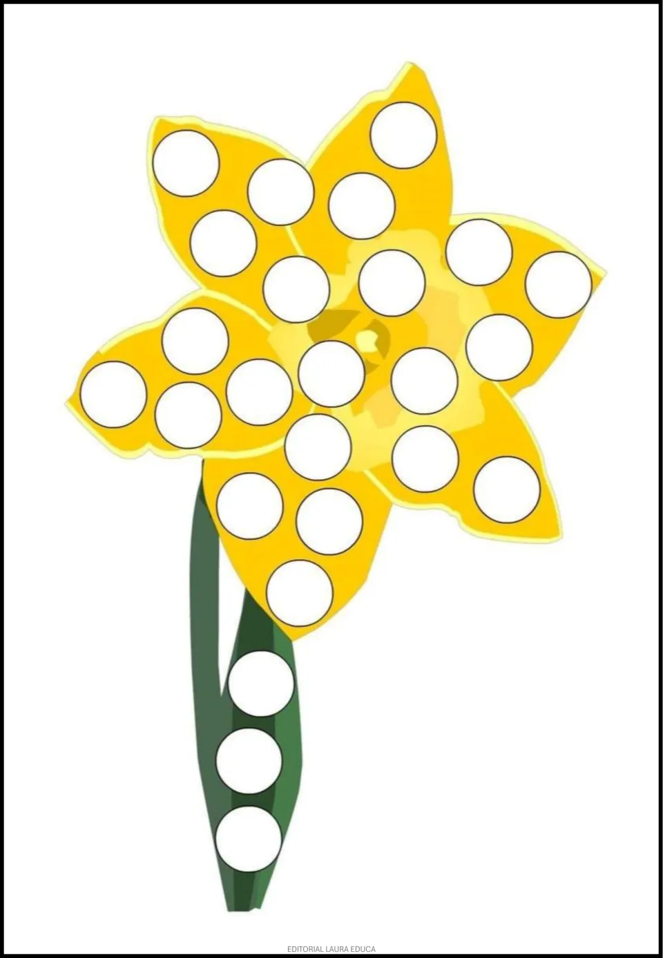 Flower dot-art activity featuring a yellow six-petaled bloom, with blank circles on the flower and green leaf