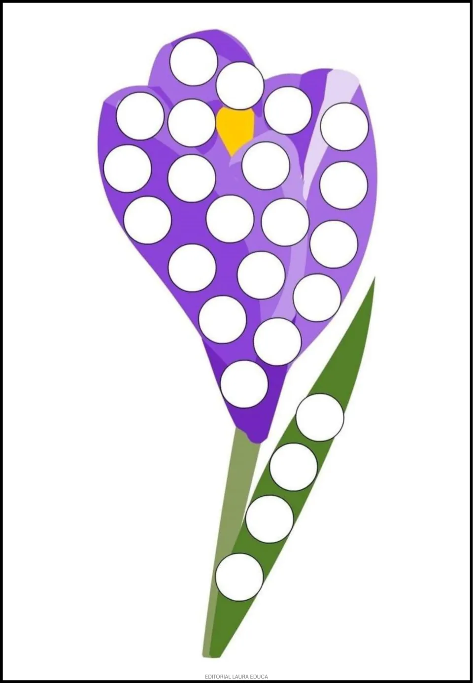 Flower dot-art activity featuring a purple crocus, with blank circles across its bloom and pointed green leaf