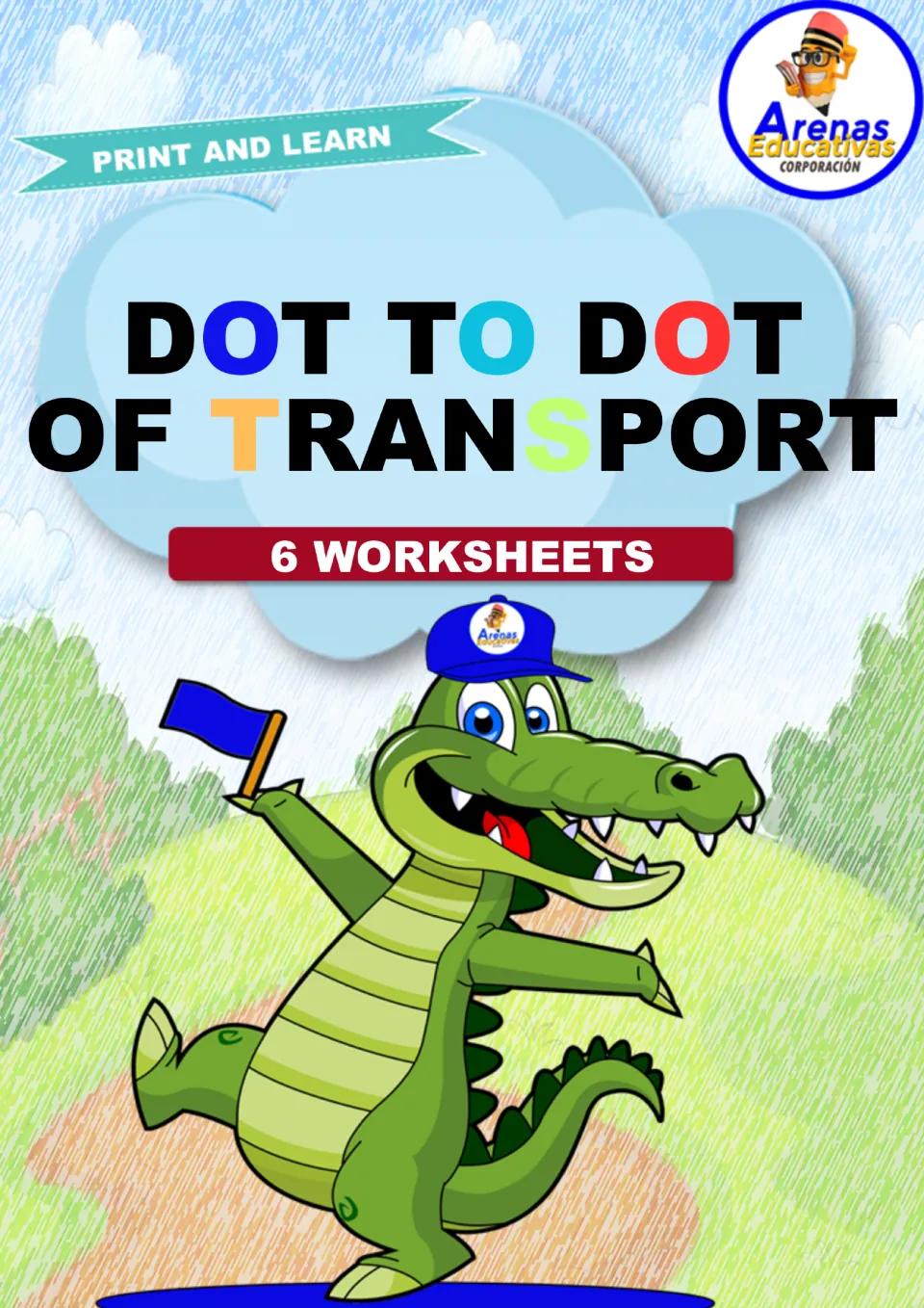 Front cover of the transportation dot-to-dot packet, labeled 'DOT TO DOT OF TRANSPORT' and '6 WORKSHEETS'