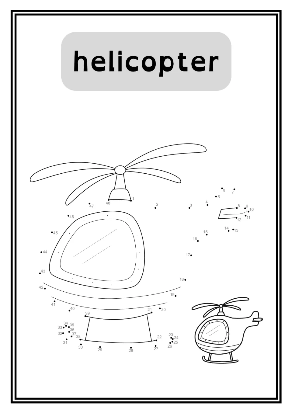 Helicopter dot-to-dot worksheet labeled 'helicopter', with numbers 1–48 and a small completed reference drawing