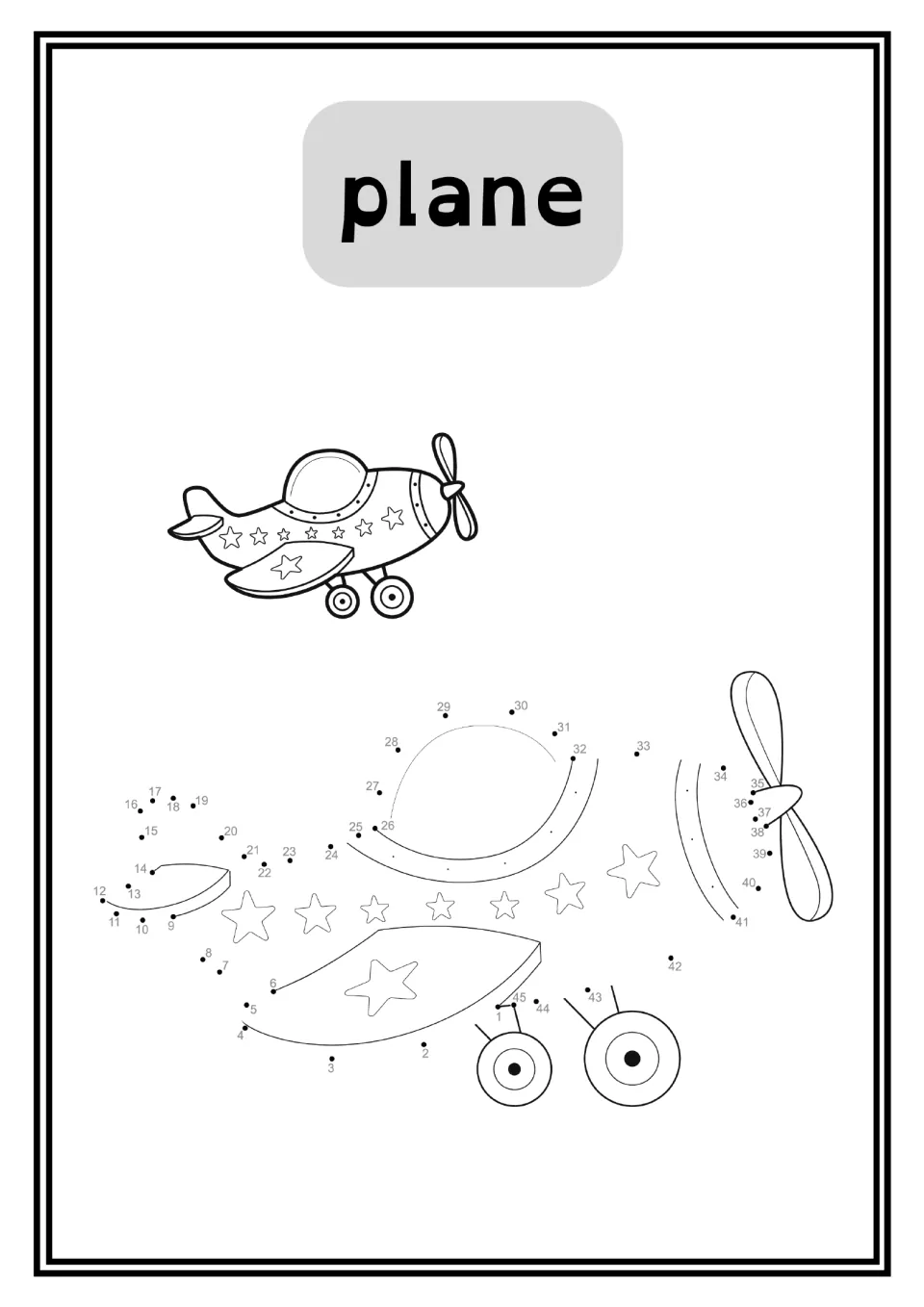 Airplane dot-to-dot worksheet labeled 'plane', with numbers 1–45 and a small completed reference drawing