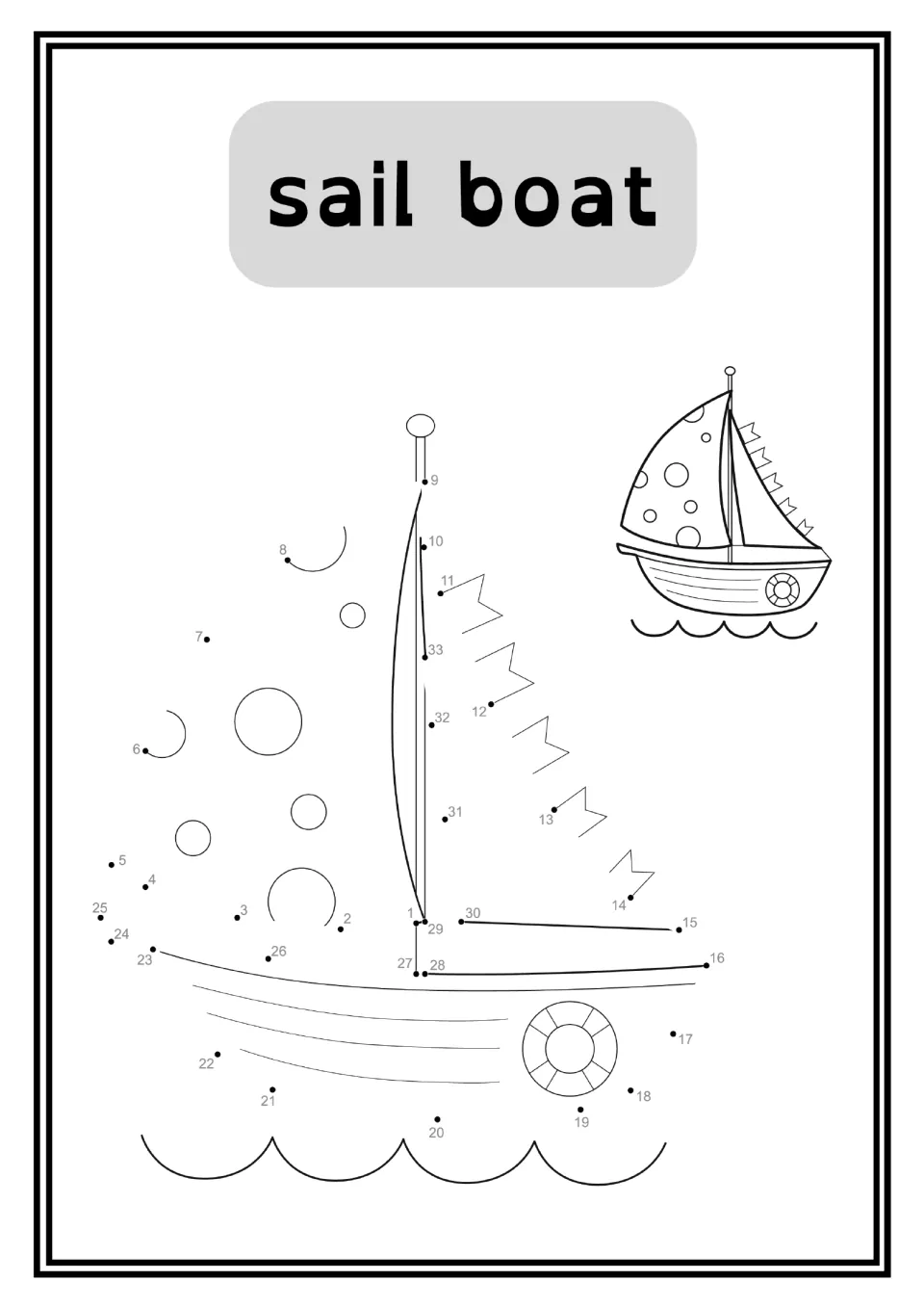 Sailboat dot-to-dot worksheet labeled 'sail boat', with numbers 1–33 and a small completed reference drawing