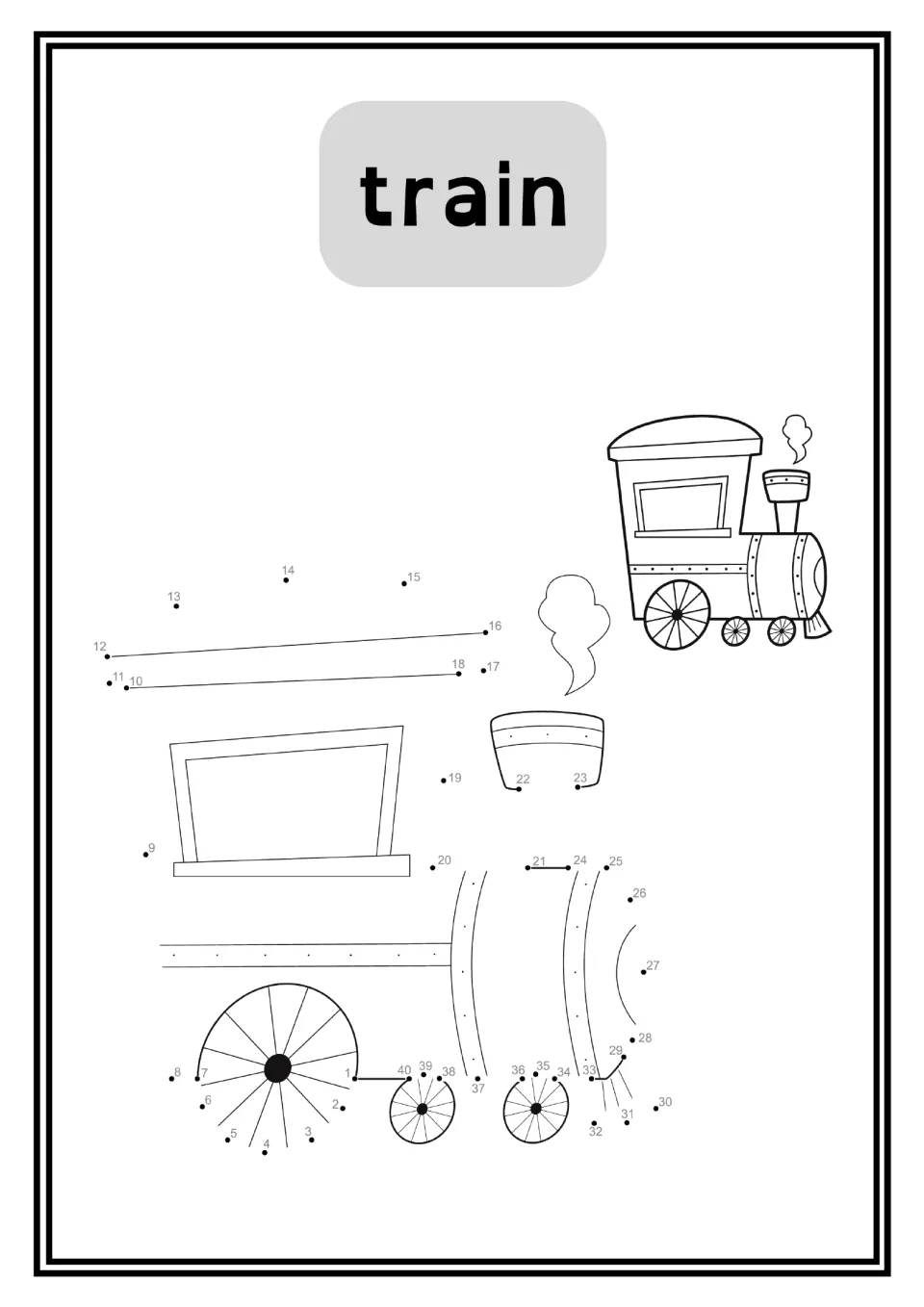 Train dot-to-dot worksheet labeled 'train', with numbers 1–40 and a small completed locomotive reference drawing