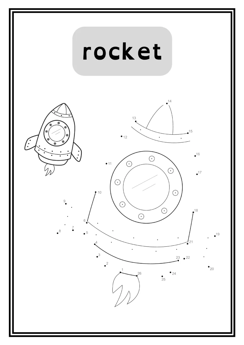 Rocket dot-to-dot worksheet labeled 'rocket', with numbers 1–26 and a small completed reference drawing