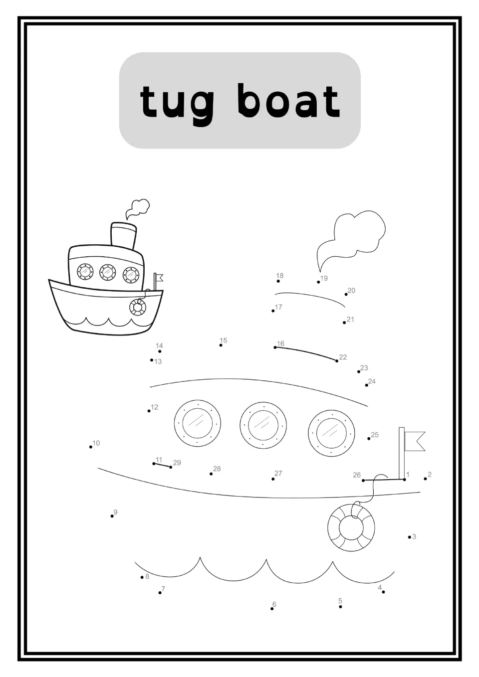 Tugboat dot-to-dot worksheet labeled 'tug boat', with numbers 1–29 and a small completed reference drawing