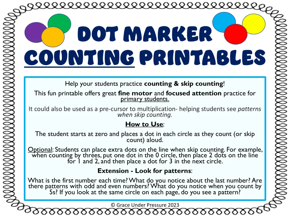 Dot Marker Counting Printables title page with how-to-use steps: dot each circle from zero while counting aloud