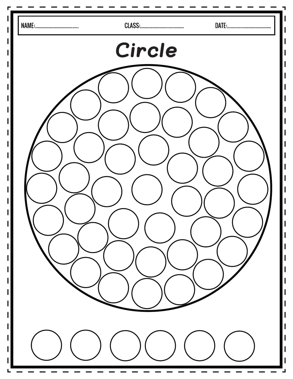 Circle shape: students dab a dot marker on each small circle filling a large circle, then on six practice dots below