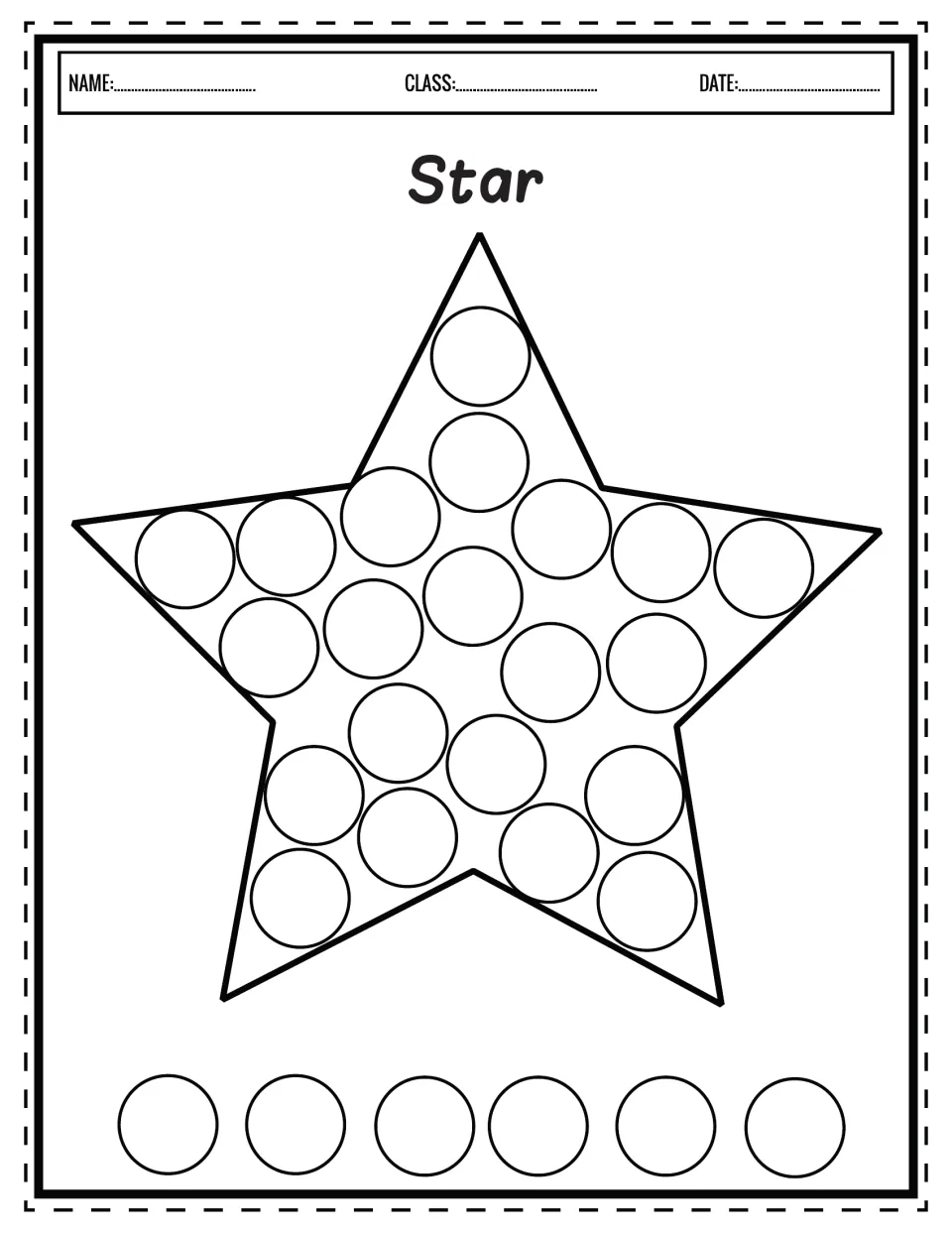 Star shape: children dab dot marker dots inside a five-pointed star outline, then add six extra dots beneath