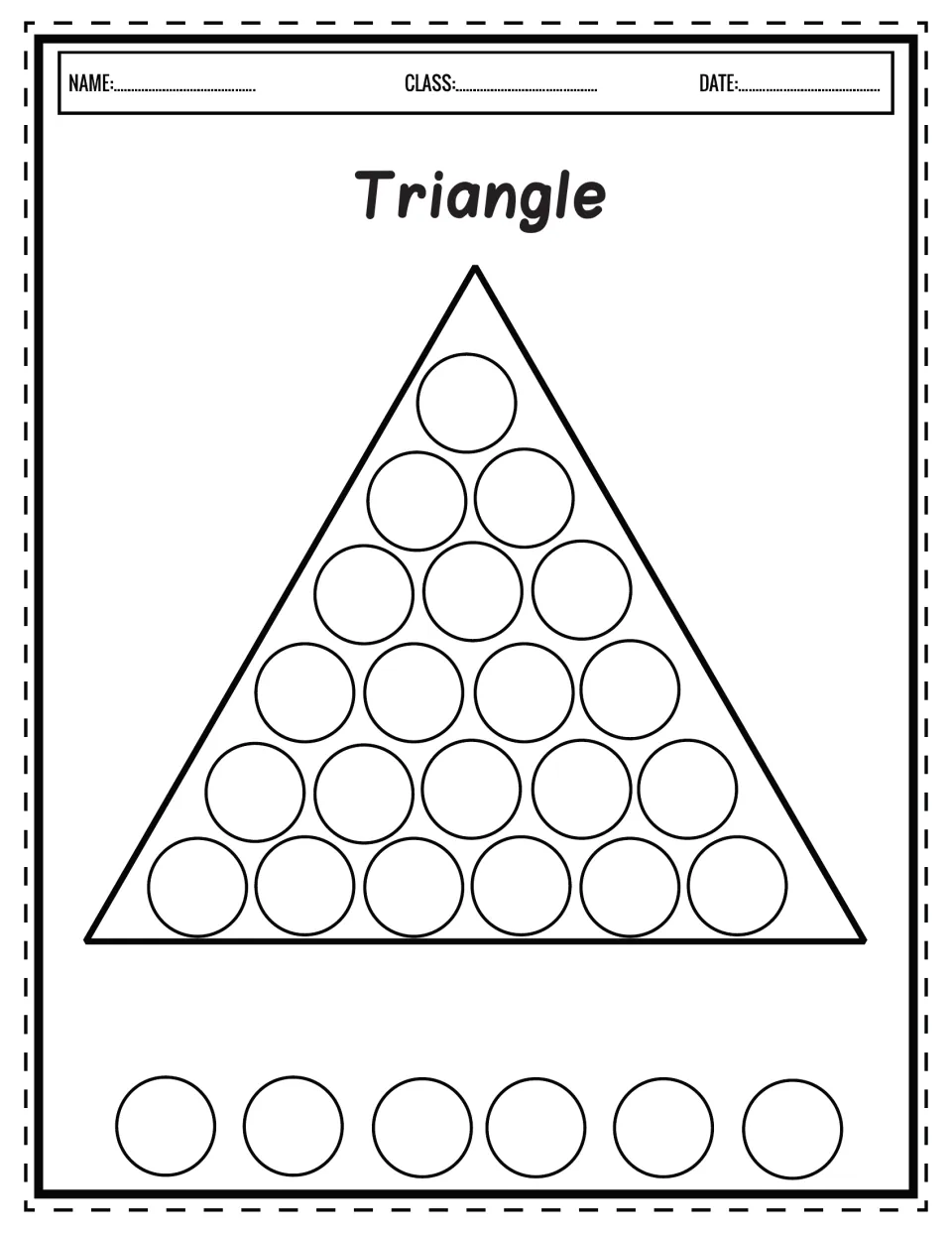 Triangle shape: students fill 21 dots stacked inside a triangle with a dot marker, then dab six practice dots at the bottom