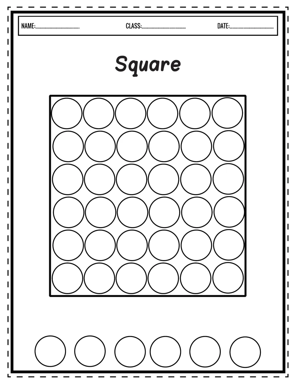 Square shape: learners dab all 36 dots in six rows of six inside a square, then stamp the six dots at the page bottom