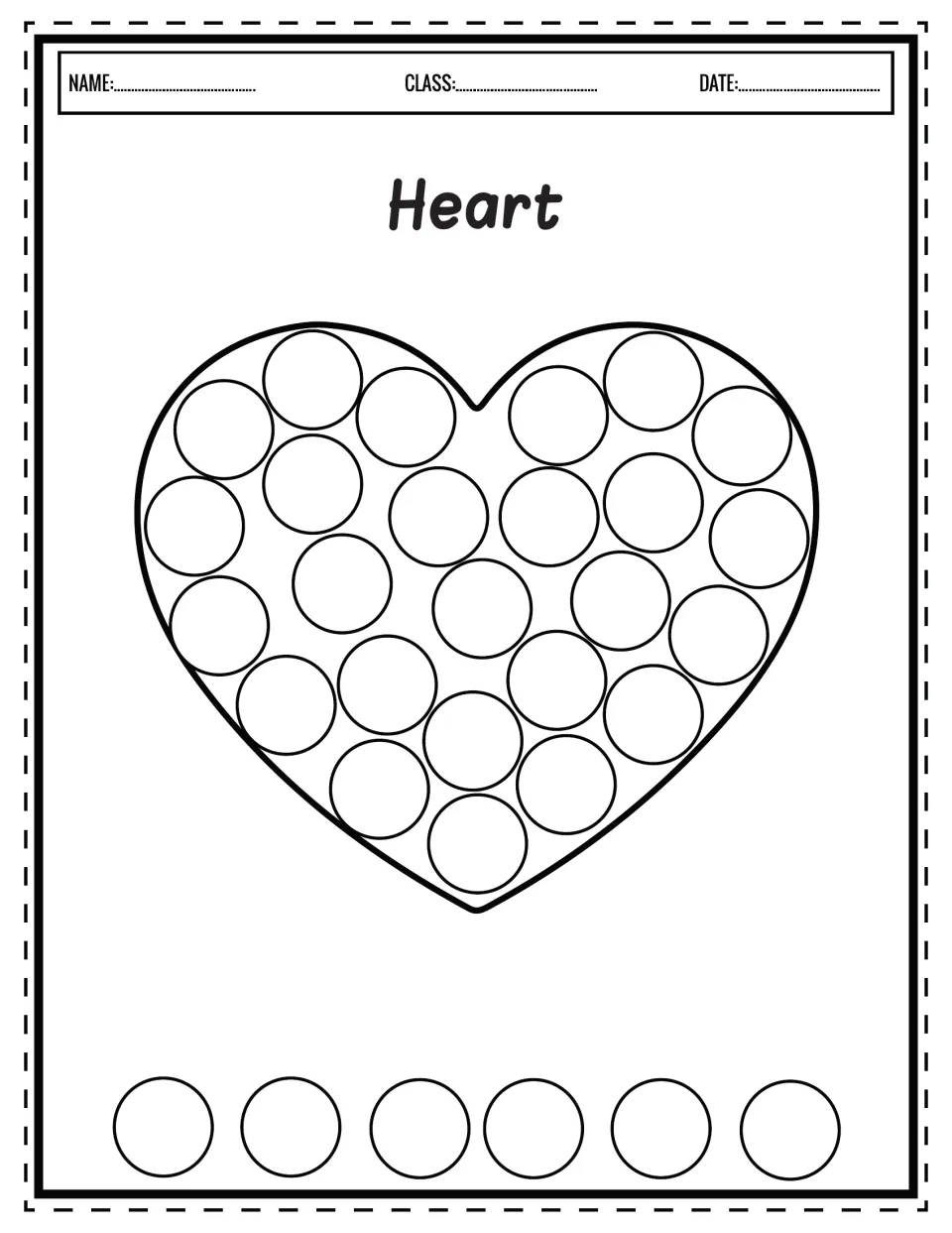 Heart shape: children press a dot marker onto each dot inside a heart outline, then on the six dots along the bottom