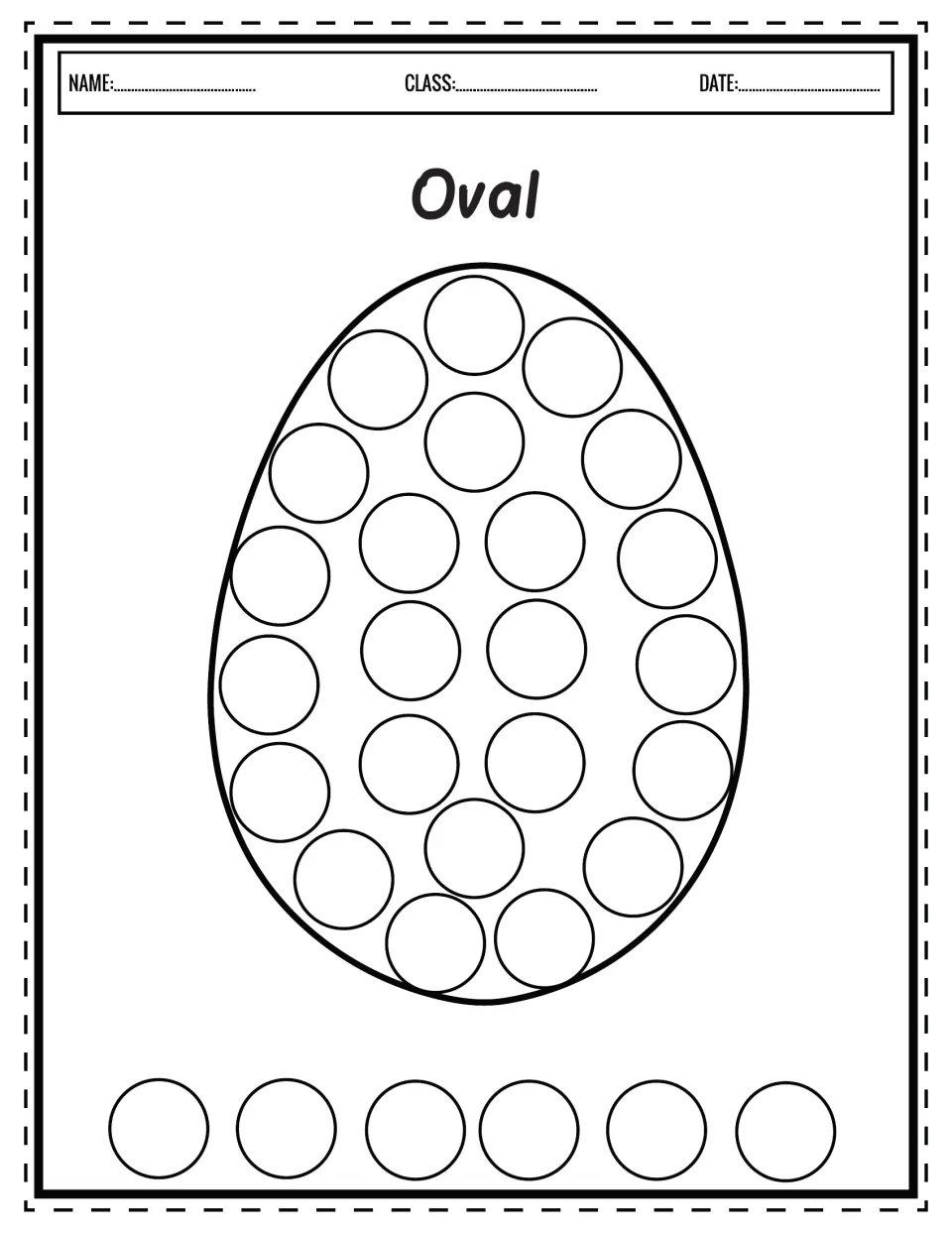 Oval shape: students dab dot markers on the dots filling an egg-shaped oval, then stamp six more dots underneath