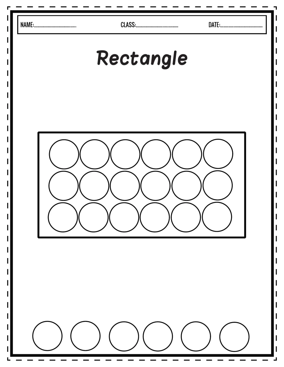 Rectangle shape: learners stamp 18 dots in three rows of six inside a wide rectangle, then six more dots below it