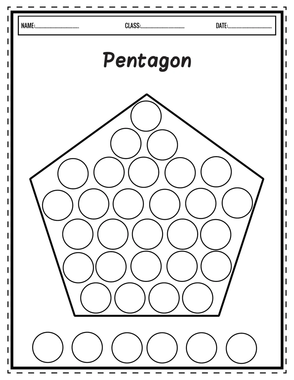 Pentagon shape: children fill 28 dots inside a five-sided pentagon with a dot marker, then dab the six bottom dots