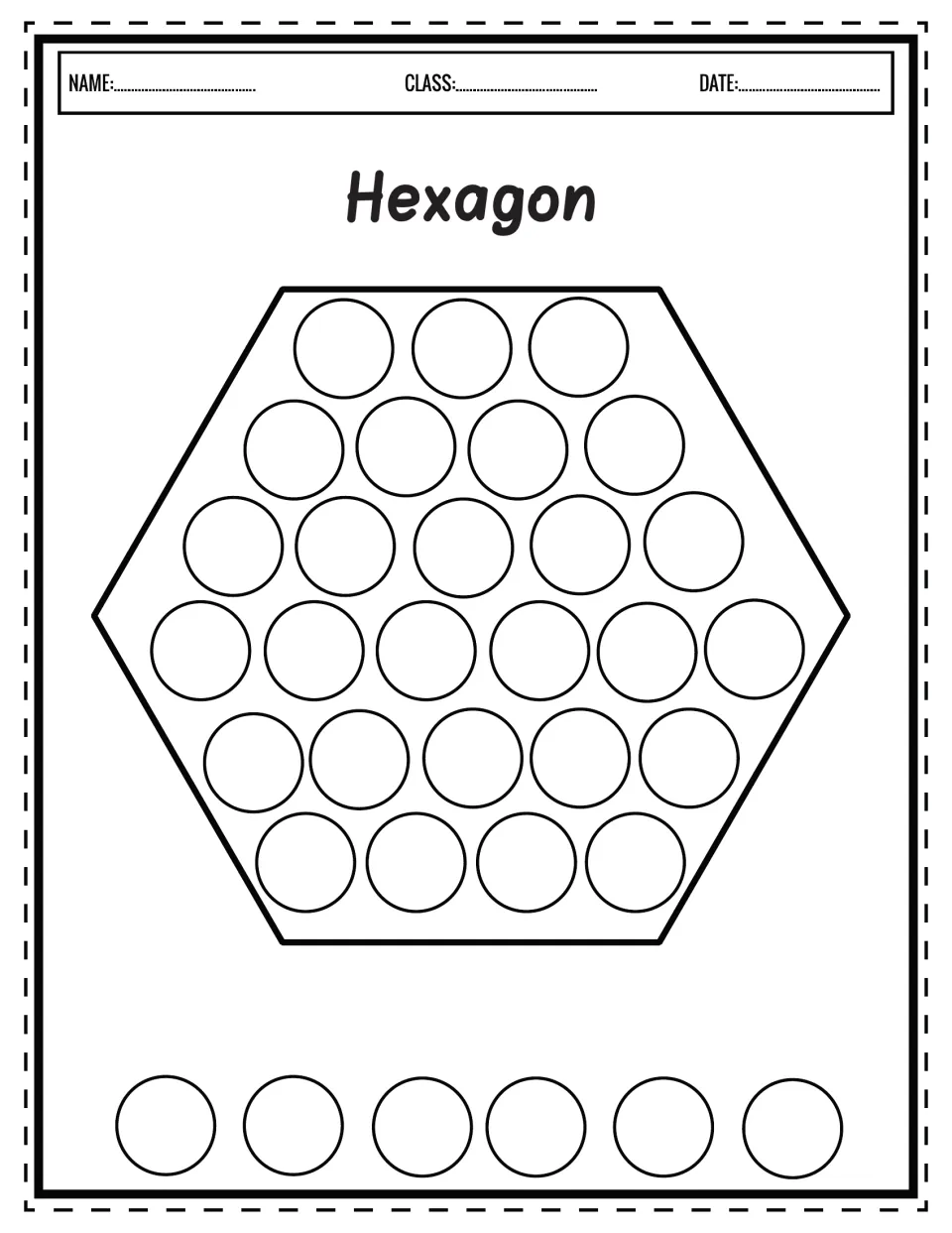 Hexagon shape: students dab 27 dots inside a six-sided hexagon outline, then six more dots below