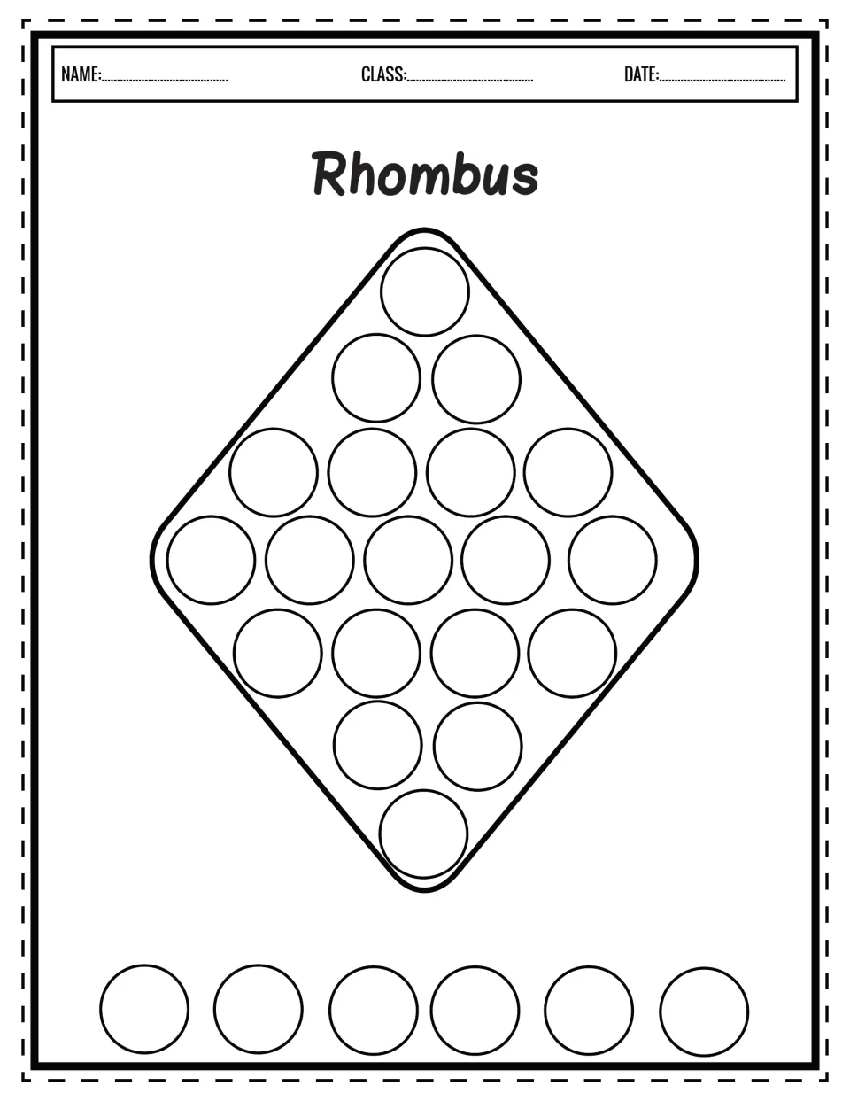 Rhombus shape: learners dot 19 circles inside a diamond-like rhombus with a marker, then dab six practice dots below
