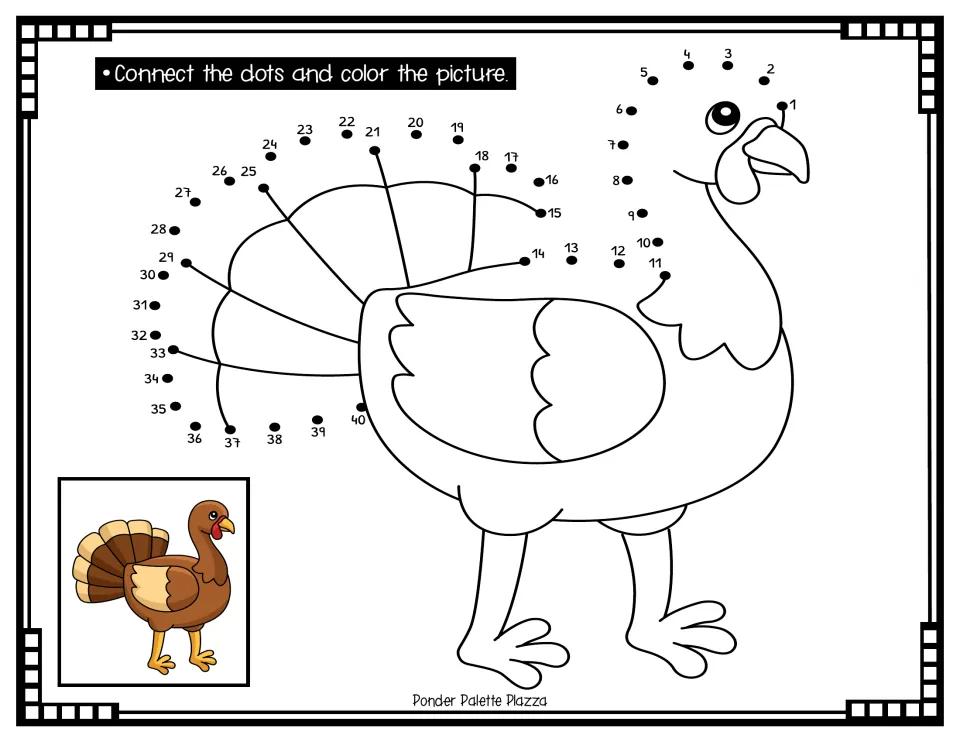 Thanksgiving turkey dot-to-dot: students join dots 1 to 40 to finish the tail feathers, then color using the sample picture
