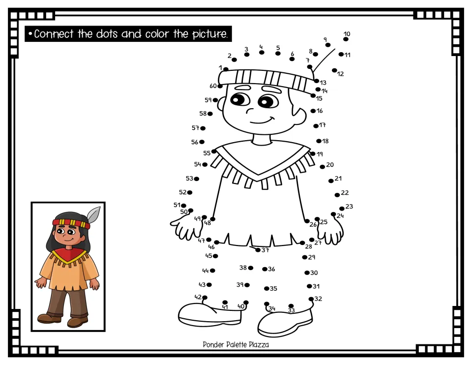 Native American child dot-to-dot: students connect dots 1 to 60 to outline the hair, feather and pants, then color it