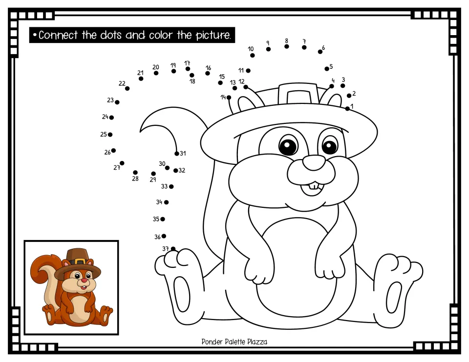 Squirrel in a Pilgrim hat dot-to-dot: students connect dots 1 to 37 to draw the hat top and bushy tail, then color it in