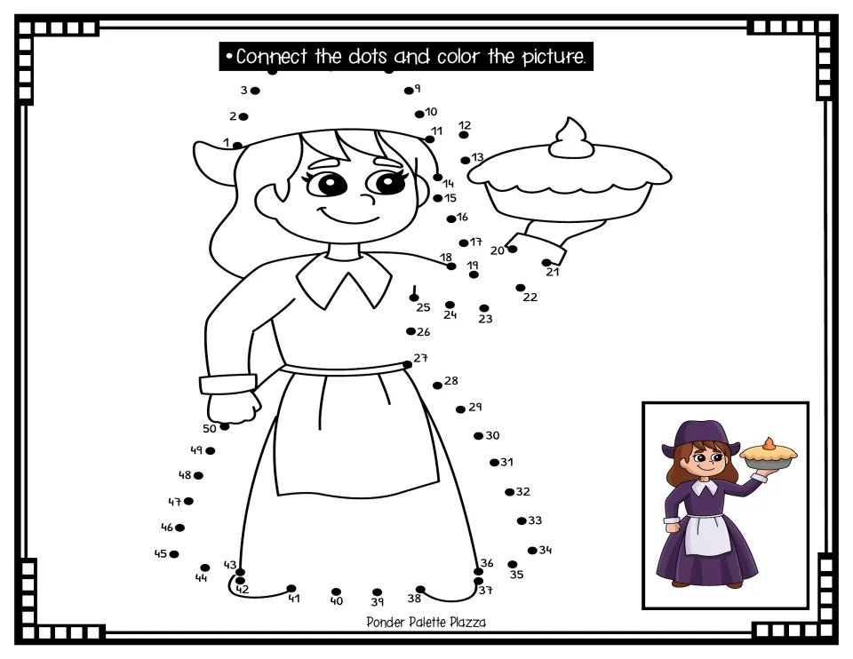 Pilgrim girl holding a pie dot-to-dot: students join dots 1 to 50 to trace her hat and dress, then color the picture