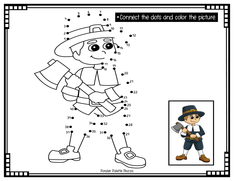 Pilgrim boy with an axe dot-to-dot: students connect dots 1 to 40 to outline his hat, coat and legs, then color the figure
