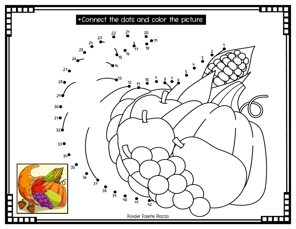 Thanksgiving dot-to-dot activity 1: connect numbers 1–42 to complete a cornucopia of produce, then color.