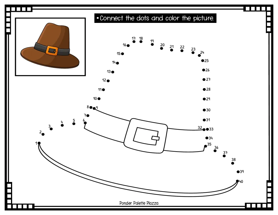 Thanksgiving dot-to-dot activity 2: connect numbers 1–40 to complete a buckled Pilgrim hat, then color.