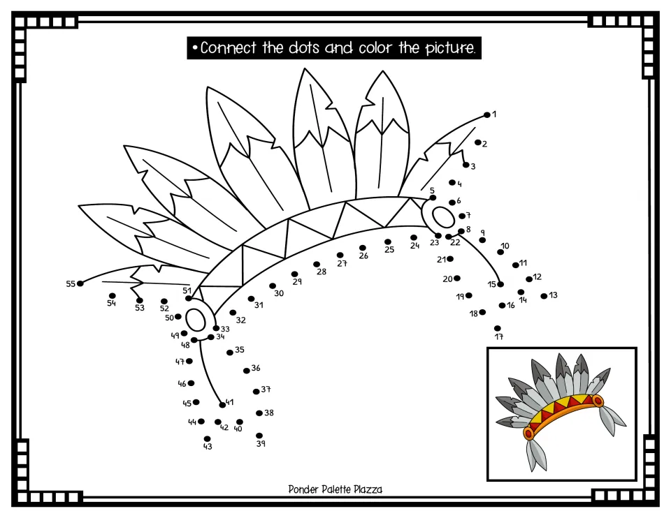 Thanksgiving dot-to-dot activity 3: connect numbers 1–55 to complete a feathered headdress, then color.