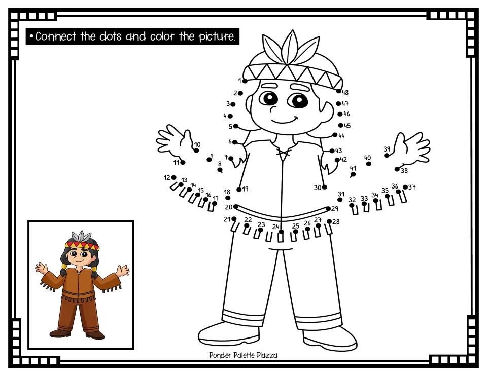 Thanksgiving dot-to-dot activity 4: connect numbers 1–48 to complete a child wearing a feather headband.